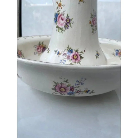 Vintage Ironstone Pitcher and Large Basin Bowl White Pink Flower - Picture 10 of 15